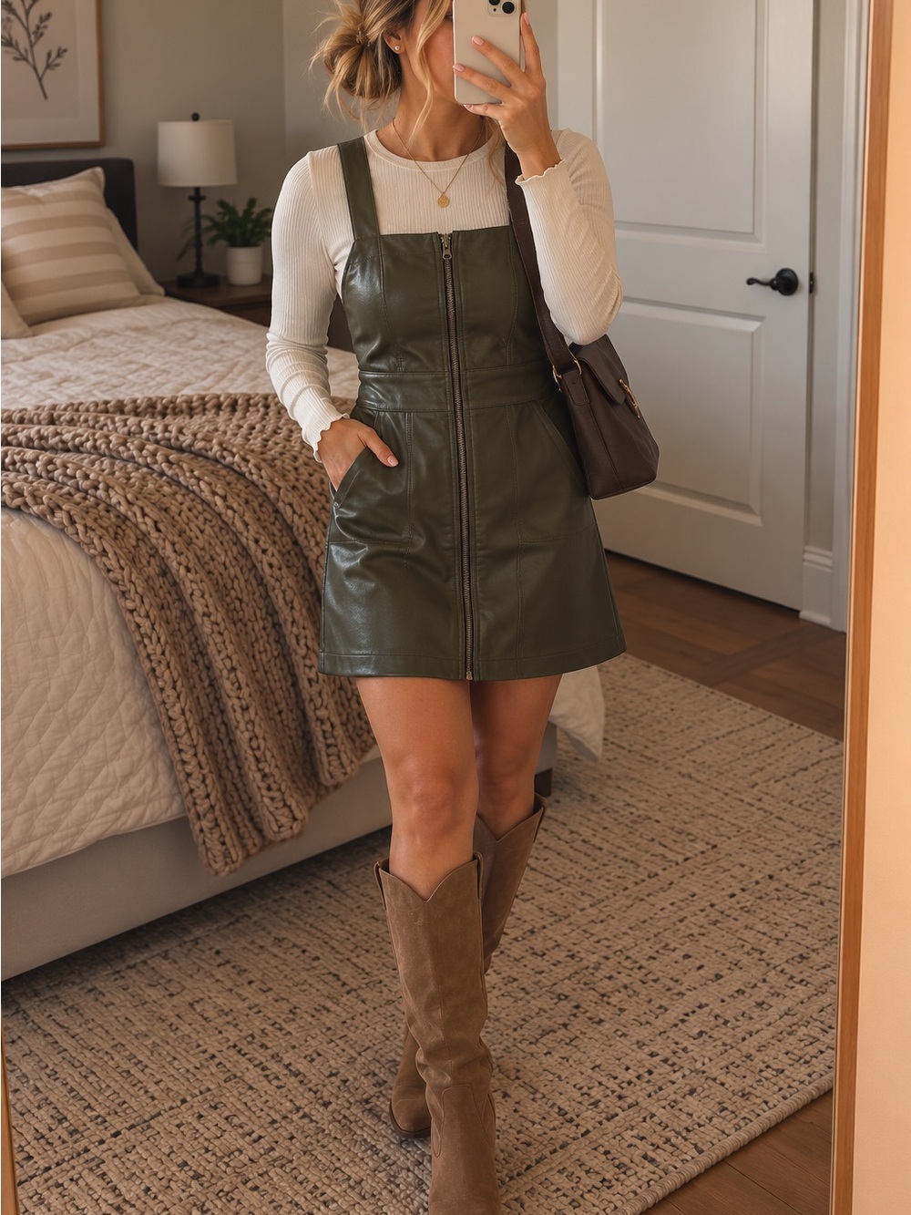 wild fable Olive Green Faux Leather Pinafore Mini Dress
